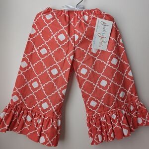 Coral Diamond Patterned Pajama Bottoms with Ruffled Hem